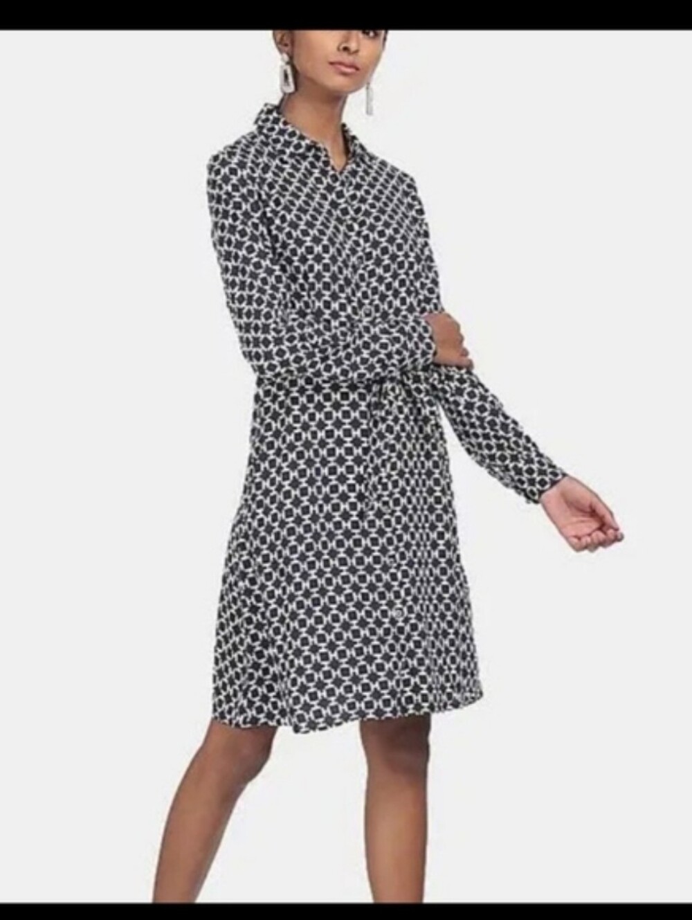 Tommy Hilfiger Navy and White Geometric Long-Sleeve Shirt Dress